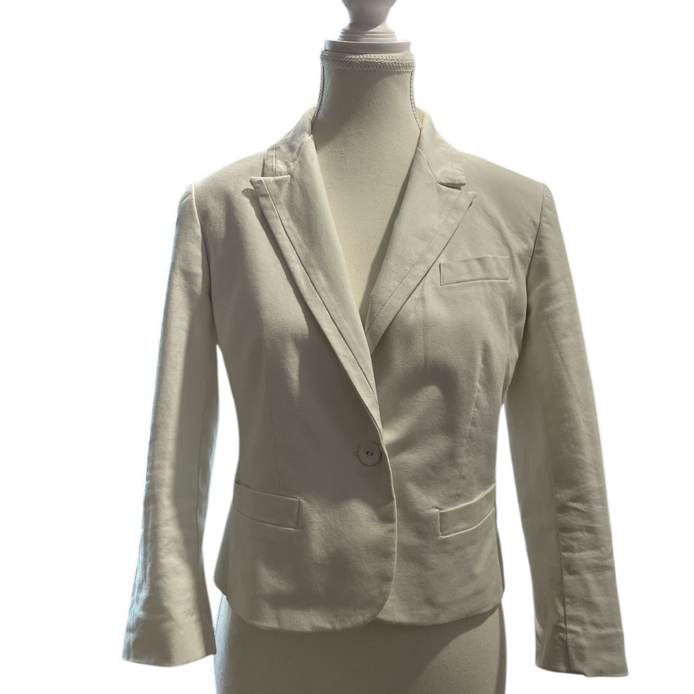 Women's Cream Blazer Ann Taylor LOFT 3/4 Sleeve Cotton Lined Pleated